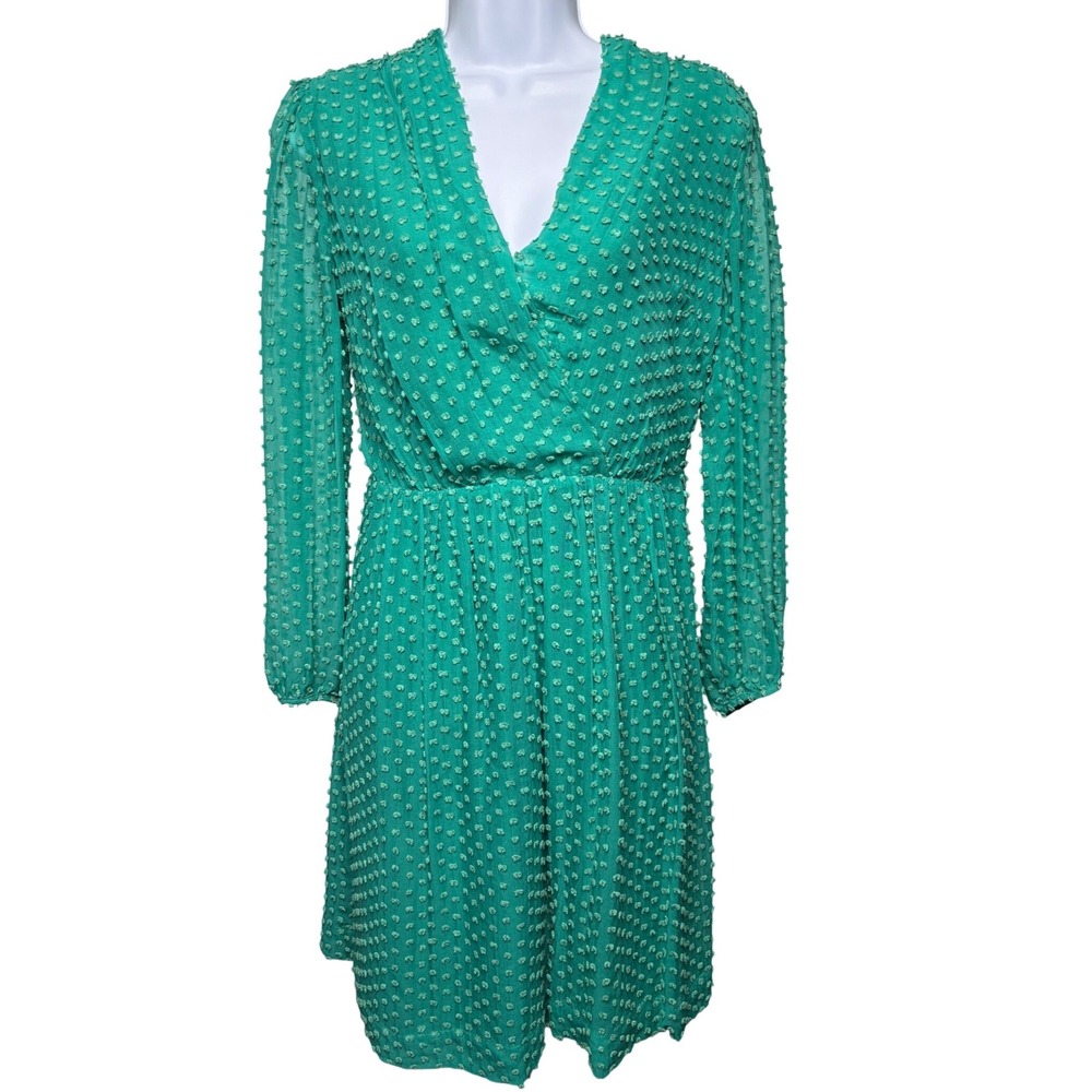 BODEN Womens Green Silk Blend Swiss Dot Wrap Long Sleeve Mini Dress Sz 4 Femme